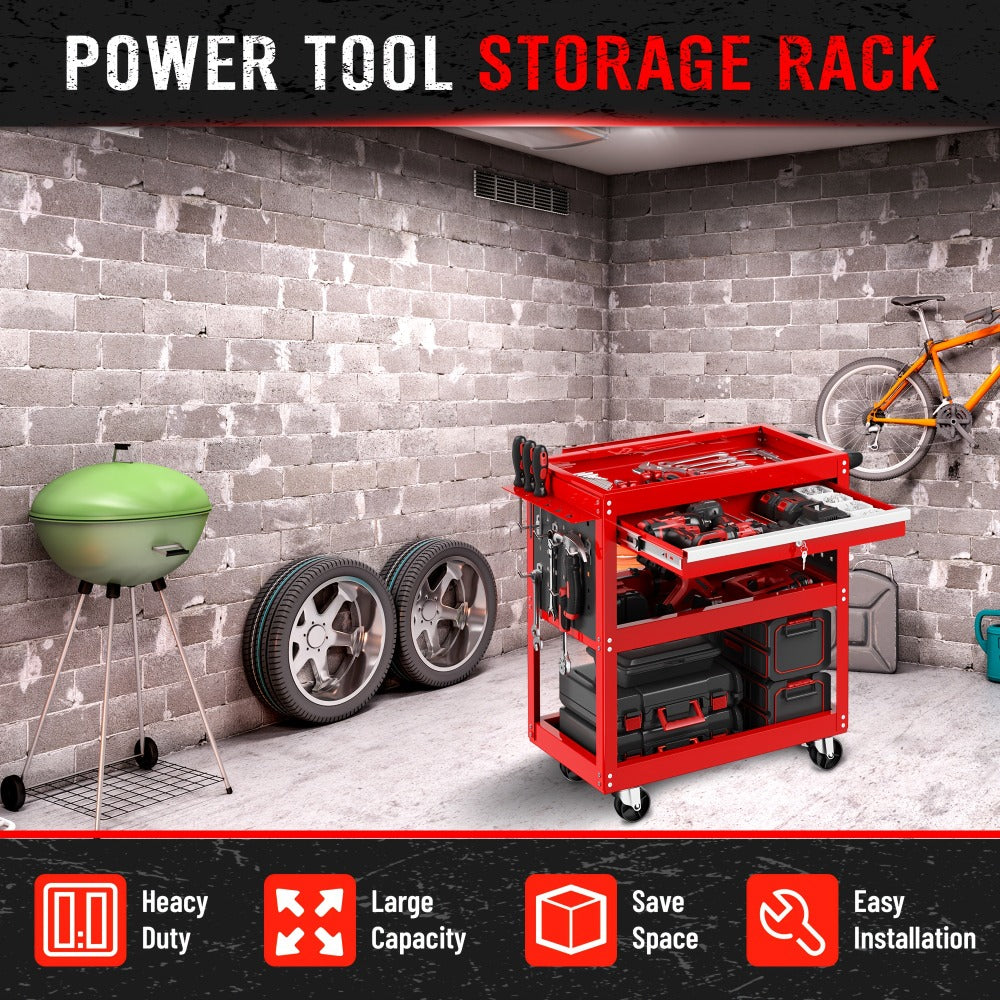 Rolling Tool Cart 3-Tier Pegboard Organizer Locking Drawer 4 Swivel Casters for Garage Workshop Mechanics Black Yellow