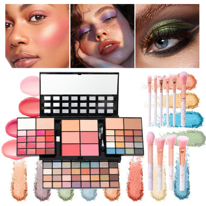 Portable Makeup Case Set with Fold-Out Color Palettes, Brush Collection and Silver or Leopard-Print Case Options