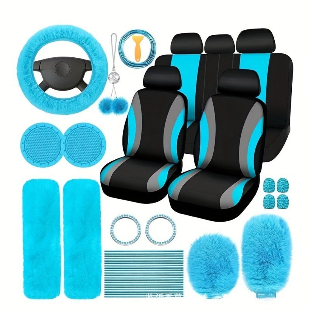 Car Interior Accessories Set for Women 45-Piece – Plush Steering Wheel Cover, Seat Cushion & Pendant, Universal Fit All Seasons