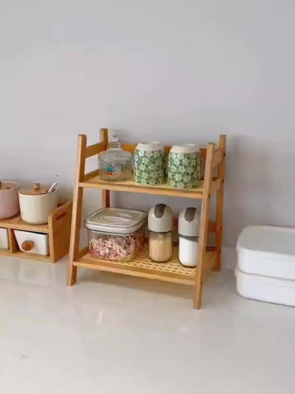 Bamboo Countertop Shelf Organizer 2-Tier – Trapezoidal Wooden Storage Rack for Kitchen Office Bedroom and Desk