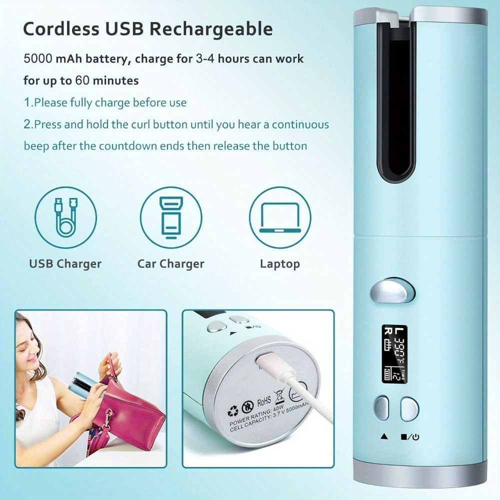 USB-Rechargeable Automatic Curling Chamber with Six Heat Settings, LCD Timer and Four Color Options