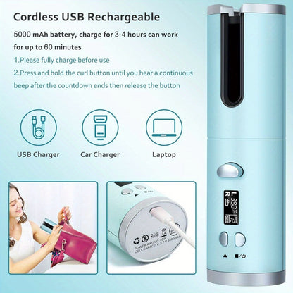 USB-Rechargeable Automatic Curling Chamber with Six Heat Settings, LCD Timer and Four Color Options