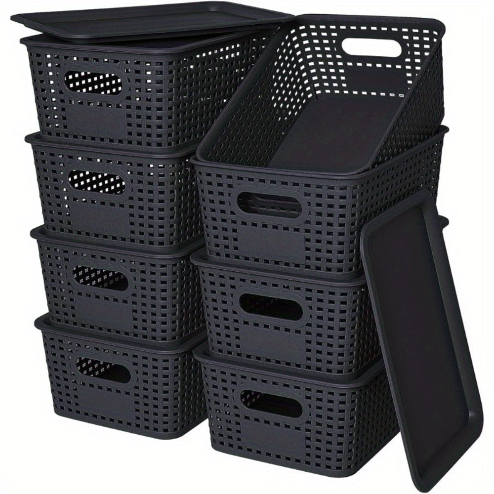 Shelf Storage Organizer Bins with Lids 4 or 8 Pack, Stackable 10 x 7 x 4 Inch Boxes in Four Colors
