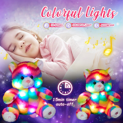 Plush Toy Rainbow Cat with Glowing Color Points and Music for Bright Interactive Display for Character Display, Room Decor and Gift
