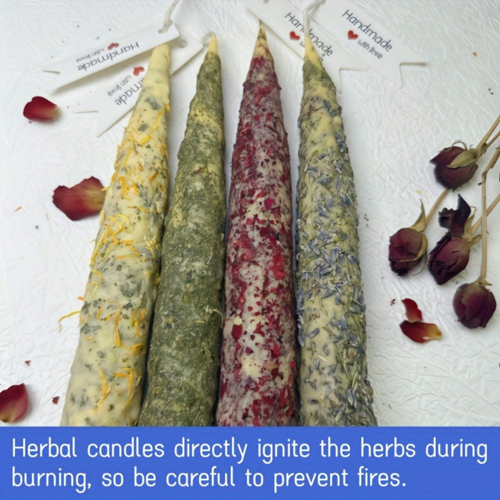 Handmade Herbal Scented Candles Set of 6, Dried Flower Pillar Candles, Sage Lavender Cedar Mint Rose Scents