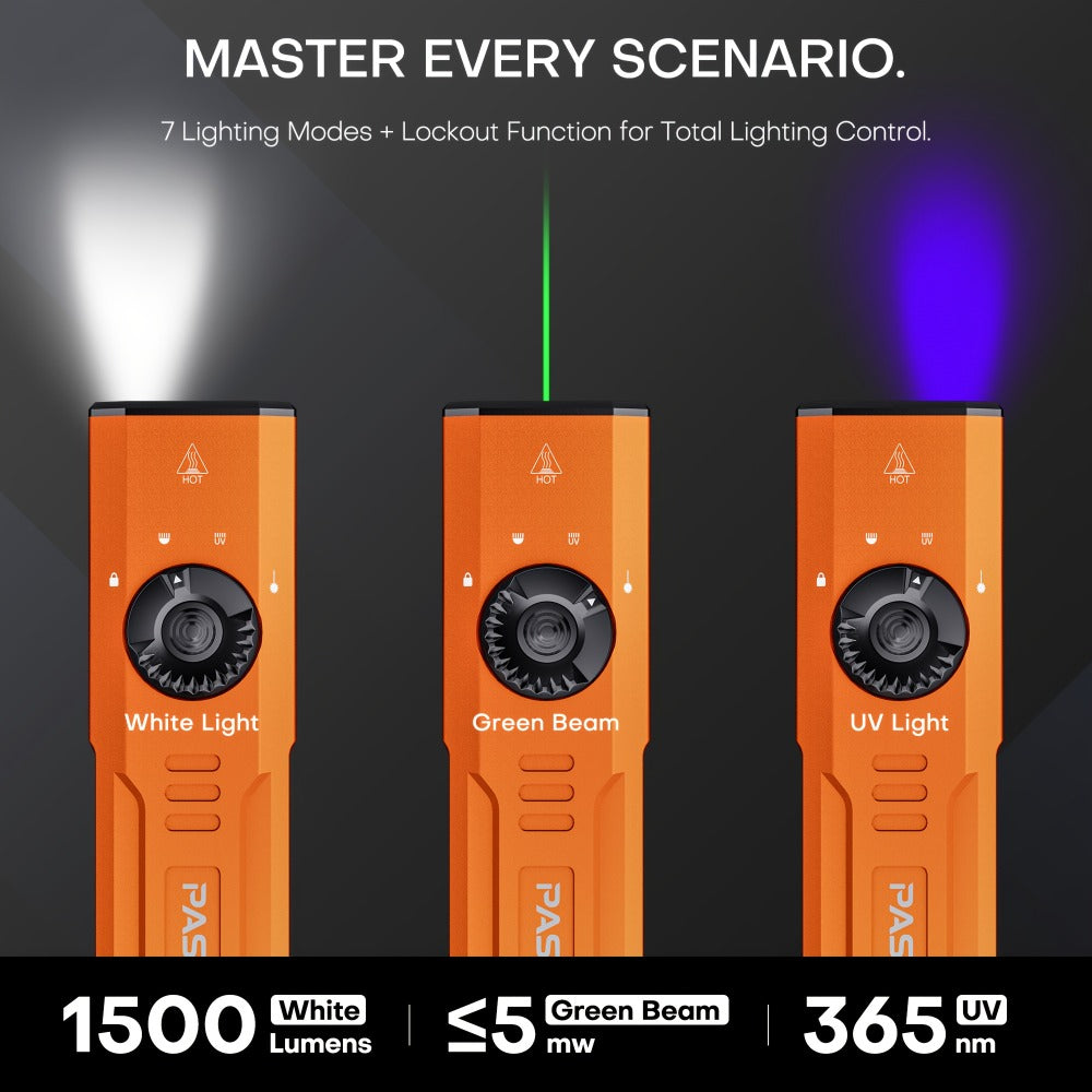Tactical Flashlight Green Laser UV 3-in-1 for Entryways, Bedrooms and Living Spaces, with the Listed Configuration
