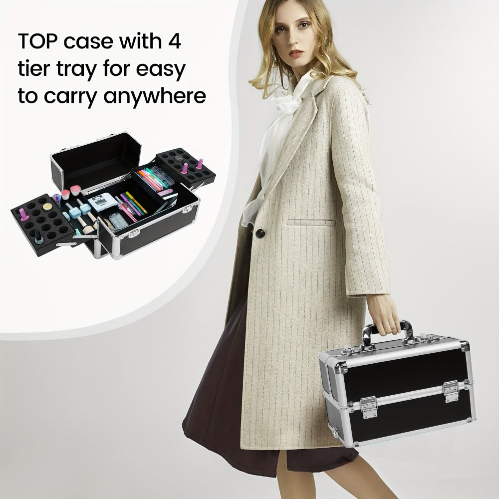 Rolling Makeup Train Case 4-in-1 Black Cosmetic Trolley with 360° Swivel Wheels & Makeup Sponges Set – Large Professional Salon Travel