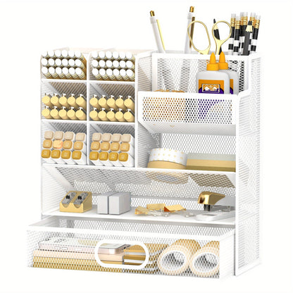 Mesh Desk Organizer with Pull-Out Drawer, Tiered Compartments and Six Color Checkout Options