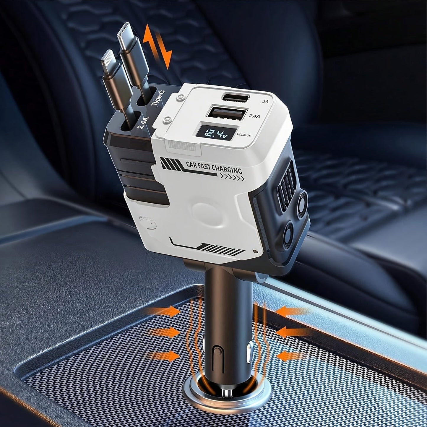 120W Fast Car Charger 4-in-1 with Retractable PD 3.0 Type-C Cable & Multi-Port USB Adapter