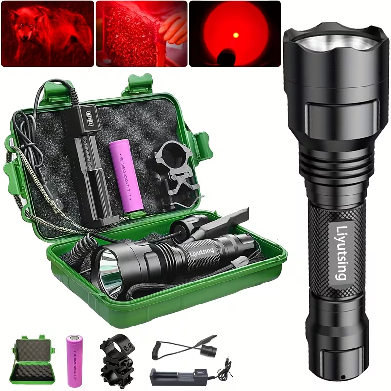 Flashlight Red, Green or White Hunting Light with Remote Switch, 18650 Battery and Mount Options
