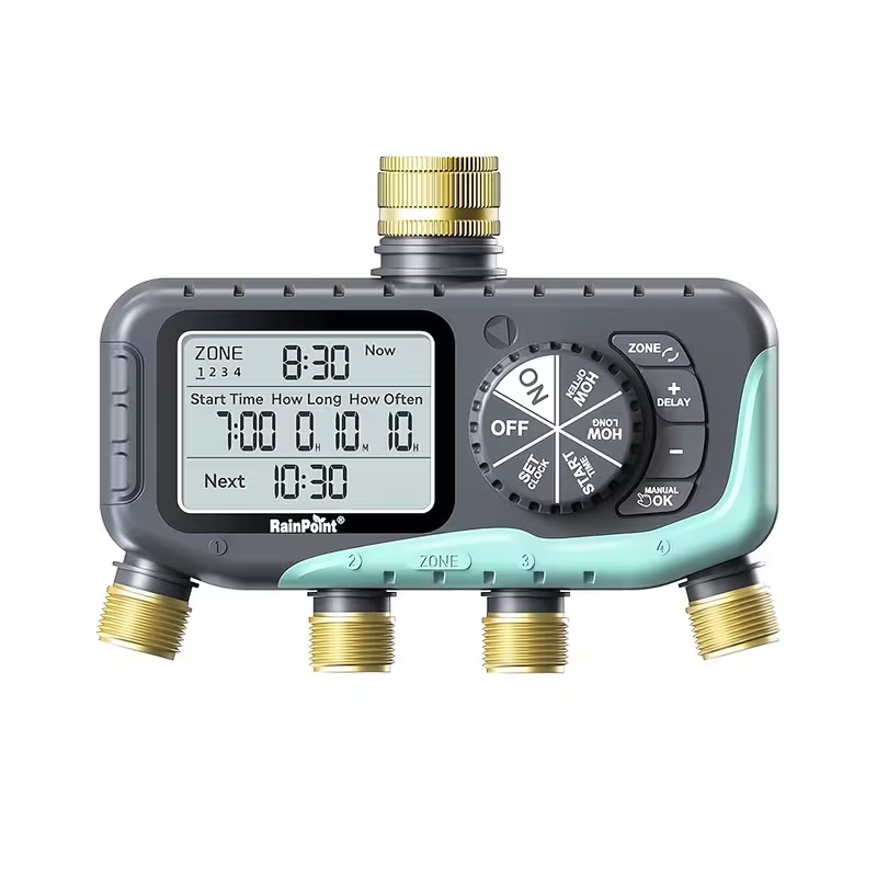 Garden Irrigation System 4-Zone, Automatic Watering Controller with Brass Head, Manual & Rain Delay Modes