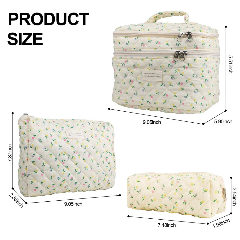 Quilted Floral Makeup Bag Set 3PCS Large Capacity Dual Layer Cotton Cosmetic Bags Coquette Aesthetic Travel Toiletry Organizer Gift