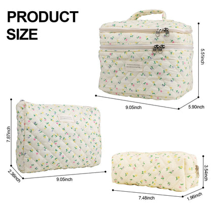 Quilted Floral Makeup Bag Set 3PCS Large Capacity Dual Layer Cotton Cosmetic Bags Coquette Aesthetic Travel Toiletry Organizer Gift
