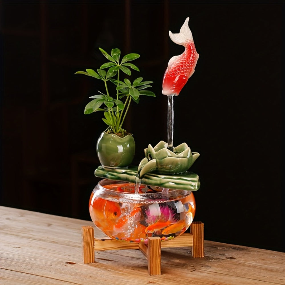 USB Desktop Fish Waterfall Fountain with Glass Bowl, Relaxing Indoor Water Feature Tabletop Decor Zen Fountain Gift
