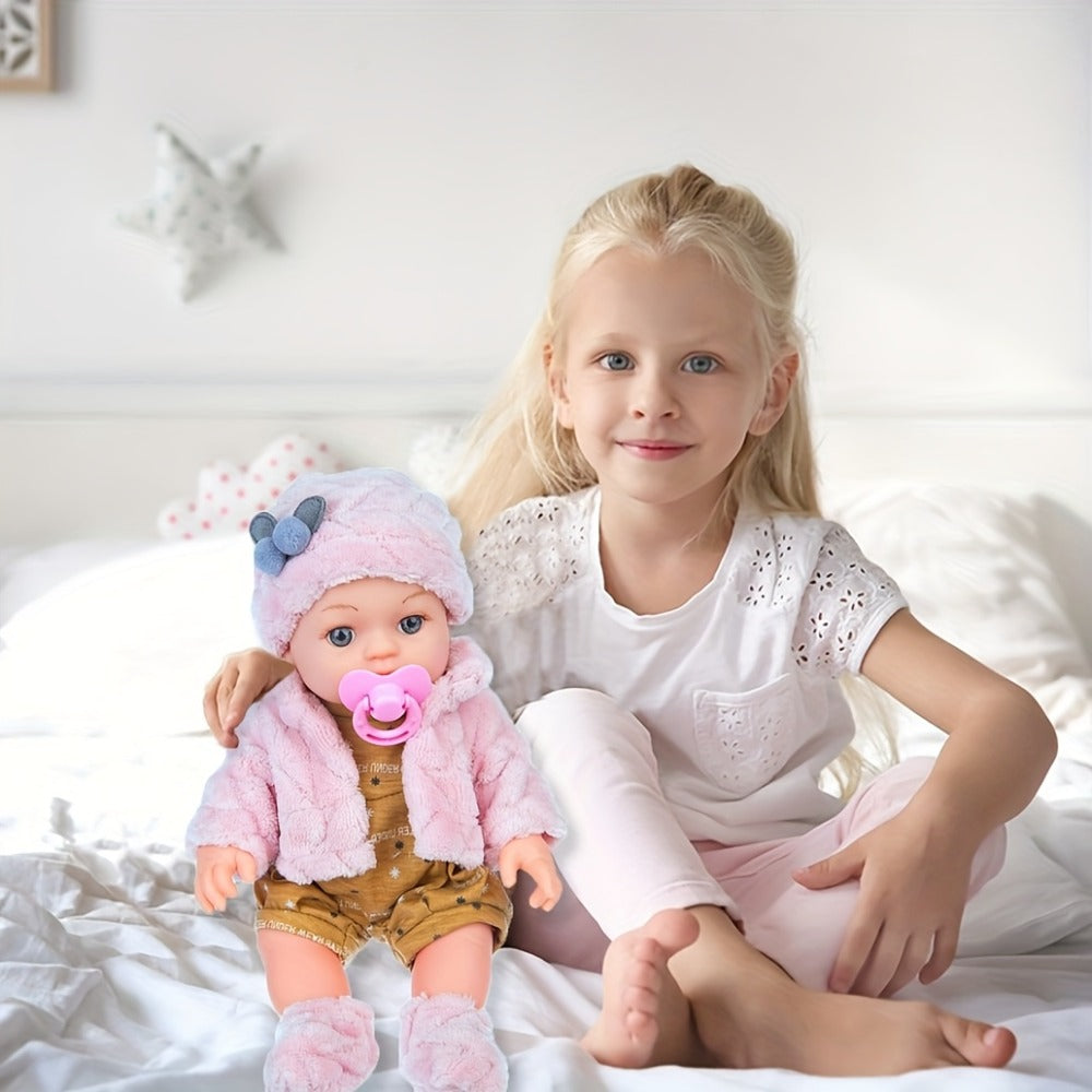 Mini Reborn Baby Doll 12 Inch Pink Plush Outfit Set – 30cm Realistic Newborn Girl Doll with Hat, Socks & Pacifier