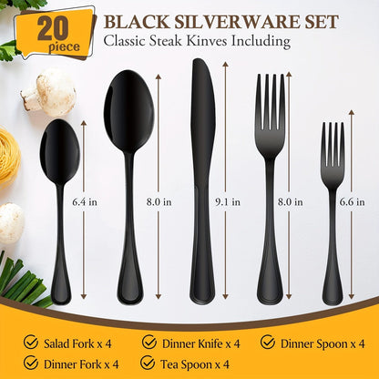 Stainless Steel Flatware Sets in 20–72 Piece Silver, Black or Gold Configurations with Exact Checkout Options