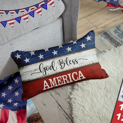 4th of July Throw Pillow Cover 12x20 Inch, God Bless America Patriotic Red White Blue Linen Cushion Case Star Pattern Distressed Wood