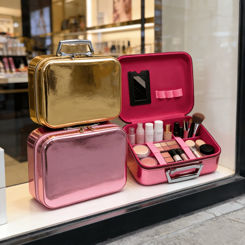 Glitter Makeup Travel Case Hard Shell Large Capacity Flat Lay Organizer Luxury Cosmetic Storage Box for Women Portable Fits in Suitcase Gold