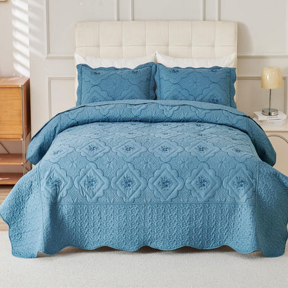 Quilt Set 3 Piece Floral Embroidery Bedspread – 100% Polyester Wrinkle Resistant Lightweight Quilted Coverlet with 2 Pillow Shams for Full