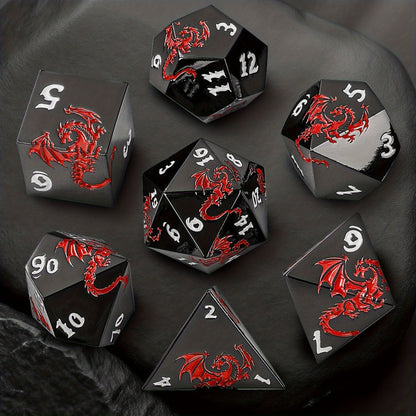 Dragon Metal Dice Set 7pcs Hand-Polished, Retro Carved Dragon Pattern Polyhedral DnD TTRPG RPG Dice with Dragon Storage Bag