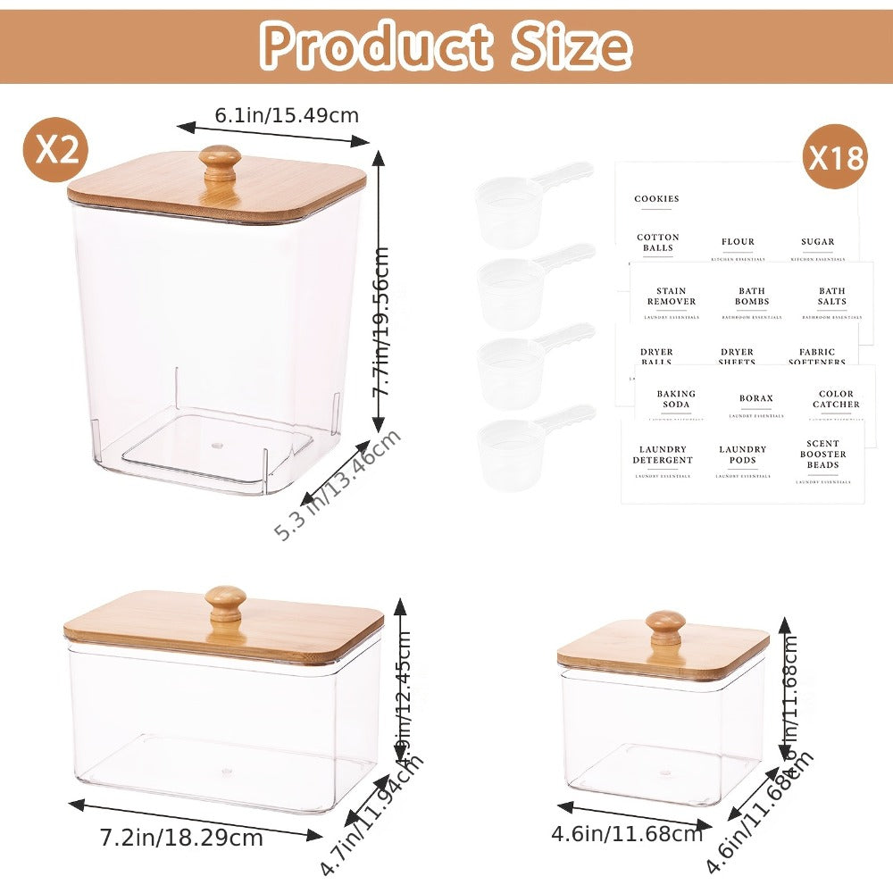 Laundry Pod Containers Set of 4 with Lids Scoops and Labels for Entryways, Bedrooms and Living Spaces