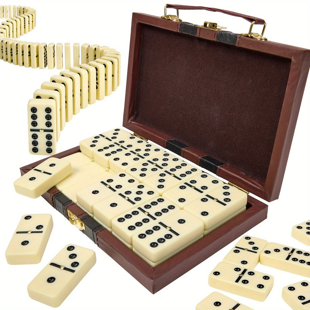Domino Set 28 Tiles Classic Black with Leather Case – Durable Plastic Dominoes Portable Storage Box for Family Games Party Group Play