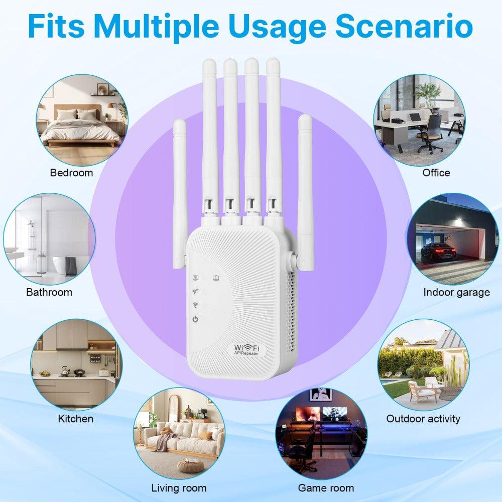 Ourlife WiFi Extender 11000 Sq Ft 6-Antenna 360° - 2.4GHz Signal Enhancer with Ethernet Port, Plug and Play