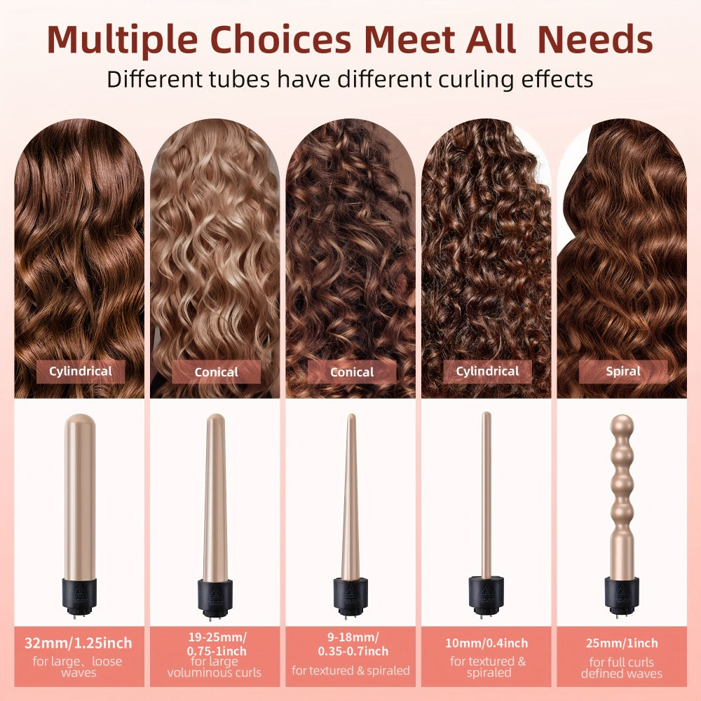 5-in-1 Curling Wand Set Ceramic Interchangeable Barrels 0.4-1.25 Inch – 30s Fast Heat, for Home, Travel and Salon Hair Styling
