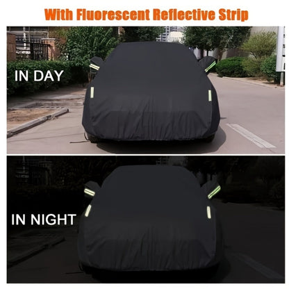 Black Full Car Cover in 190T Silver-Coated Cloth with Green Reflective Strips, Storage Bag and Six Sedan or SUV Sizes