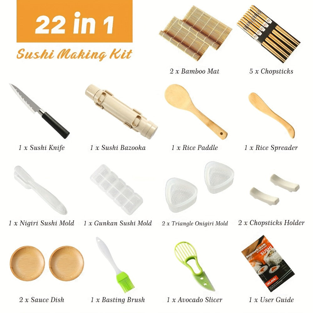 Sushi Making Kit 22-in-1 with Bamboo Rolling Mats Chef Knife Triangle Nigiri Gunkan Molds Chopsticks Beginner Guide