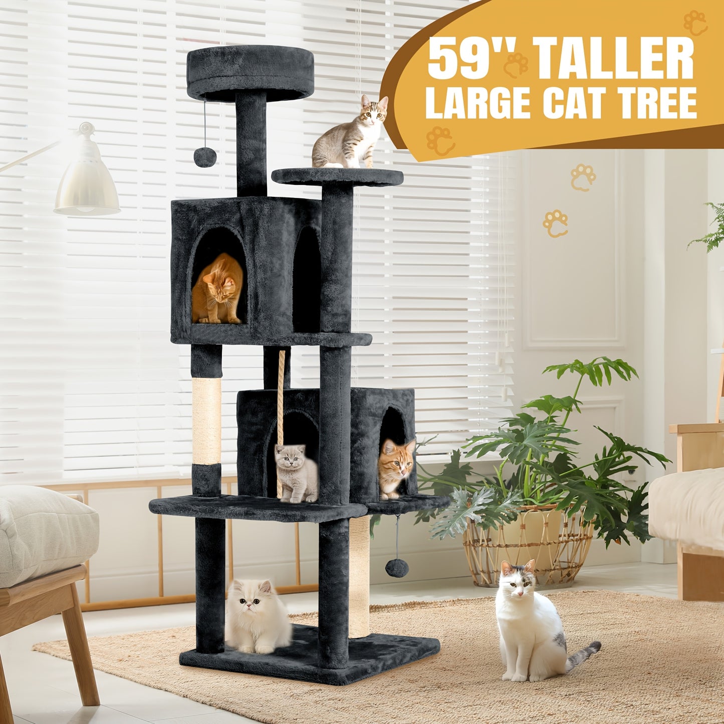 Cat Tree Tower 59 Inch Large Multi-Level Cat Tower for Indoor Cats with Plush Resting Area, Sisal Scratching Post & Hanging Ball Toy