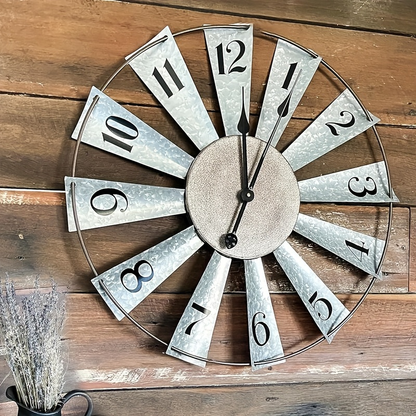 24-Inch Windmill-Style Metal Wall Clock with Galvanized-Look Silver Blades and Brown Analog Center