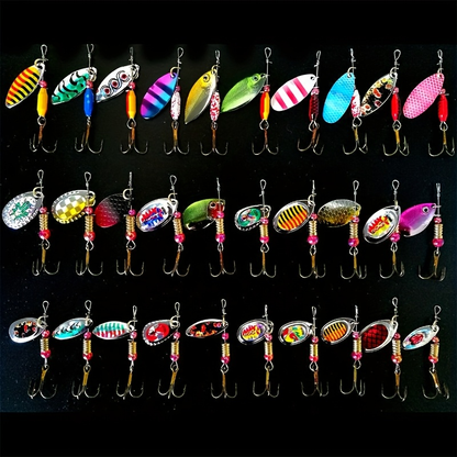 Spinnerbait Fishing Lures 30pcs – Heavy Duty Metal Spoon Jig Multi-Color Artificial Bait Set for Bass Trout Pike Musky