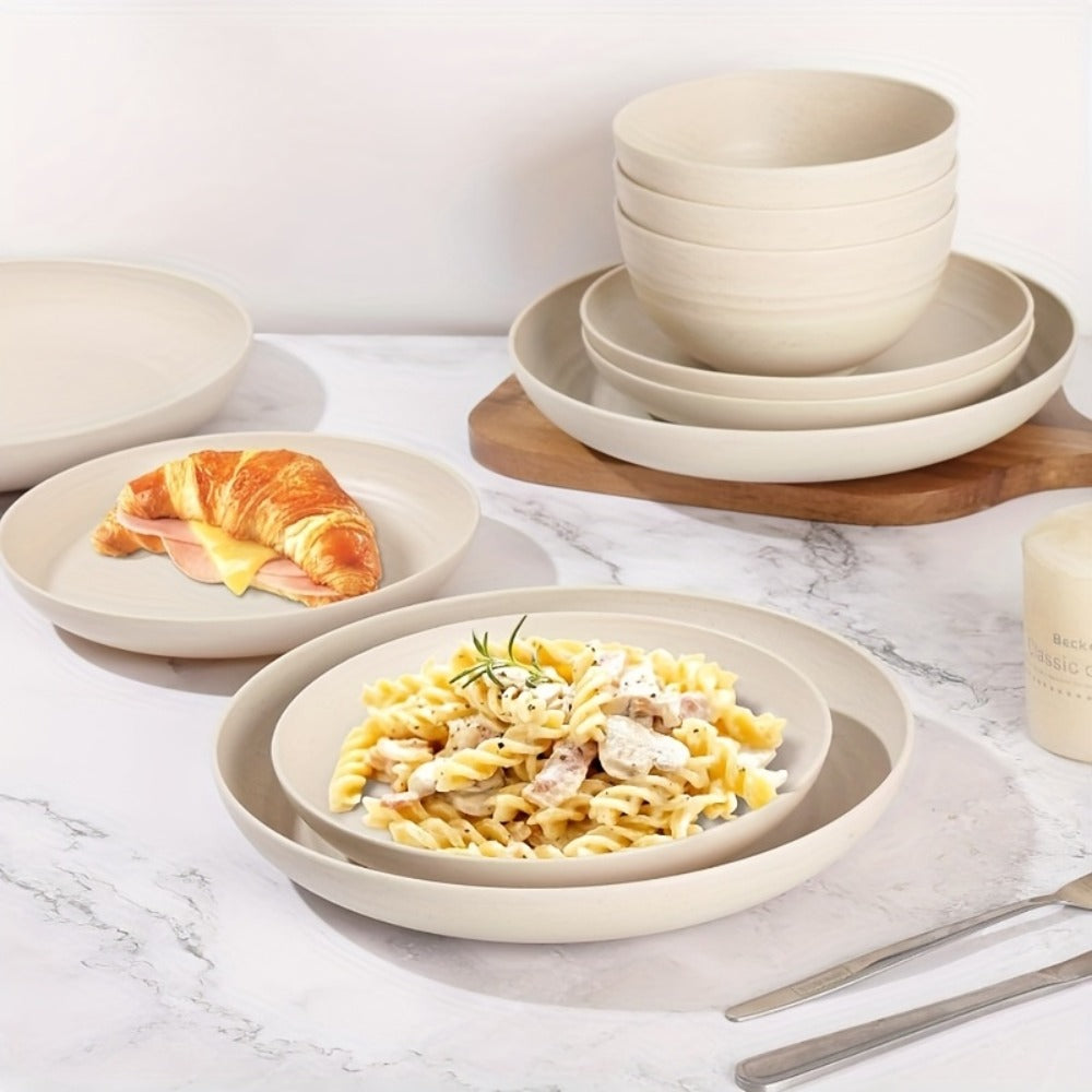 Wheat Straw Dinnerware Set 16 or 32 Piece – Plates & Bowls for 4 or 8 People, Microwave & Dishwasher Safe Plastic Dish Set