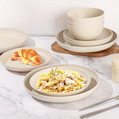 Wheat Straw Dinnerware Set 16 or 32 Piece – Plates & Bowls for 4 or 8 People, Microwave & Dishwasher Safe Plastic Dish Set
