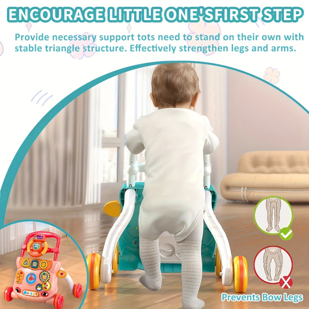 Musical Baby Walker Toy with Anti-Rollover Safety, Multi-Function Sit-to-Stand Activity Center for Early Walking Development
