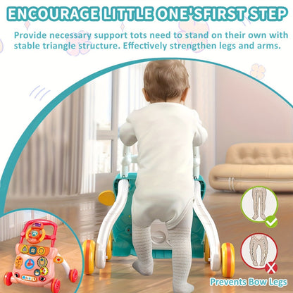 Musical Baby Walker Toy with Anti-Rollover Safety, Multi-Function Sit-to-Stand Activity Center for Early Walking Development