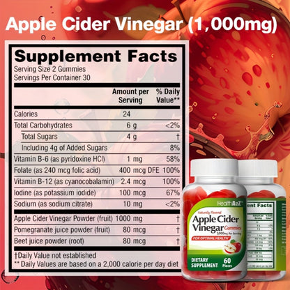 Apple Cider Vinegar Gummies 1000mg Extra Strength with B6, B12, Folic Acid, Pomegranate & Beet - Digestive Health