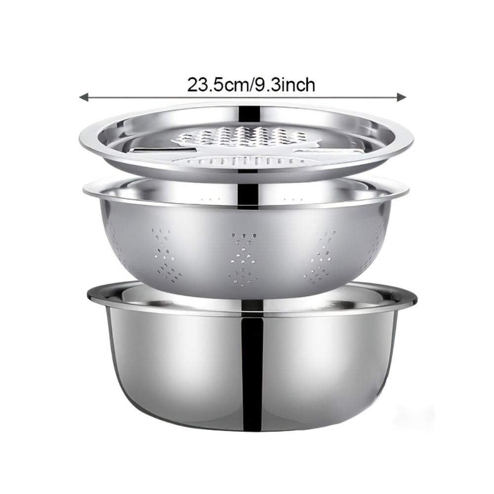 Stainless Steel Kitchen Tool Set 3pcs, Built-In Grinder, Colander Filter & Mixing Bowl for Washing