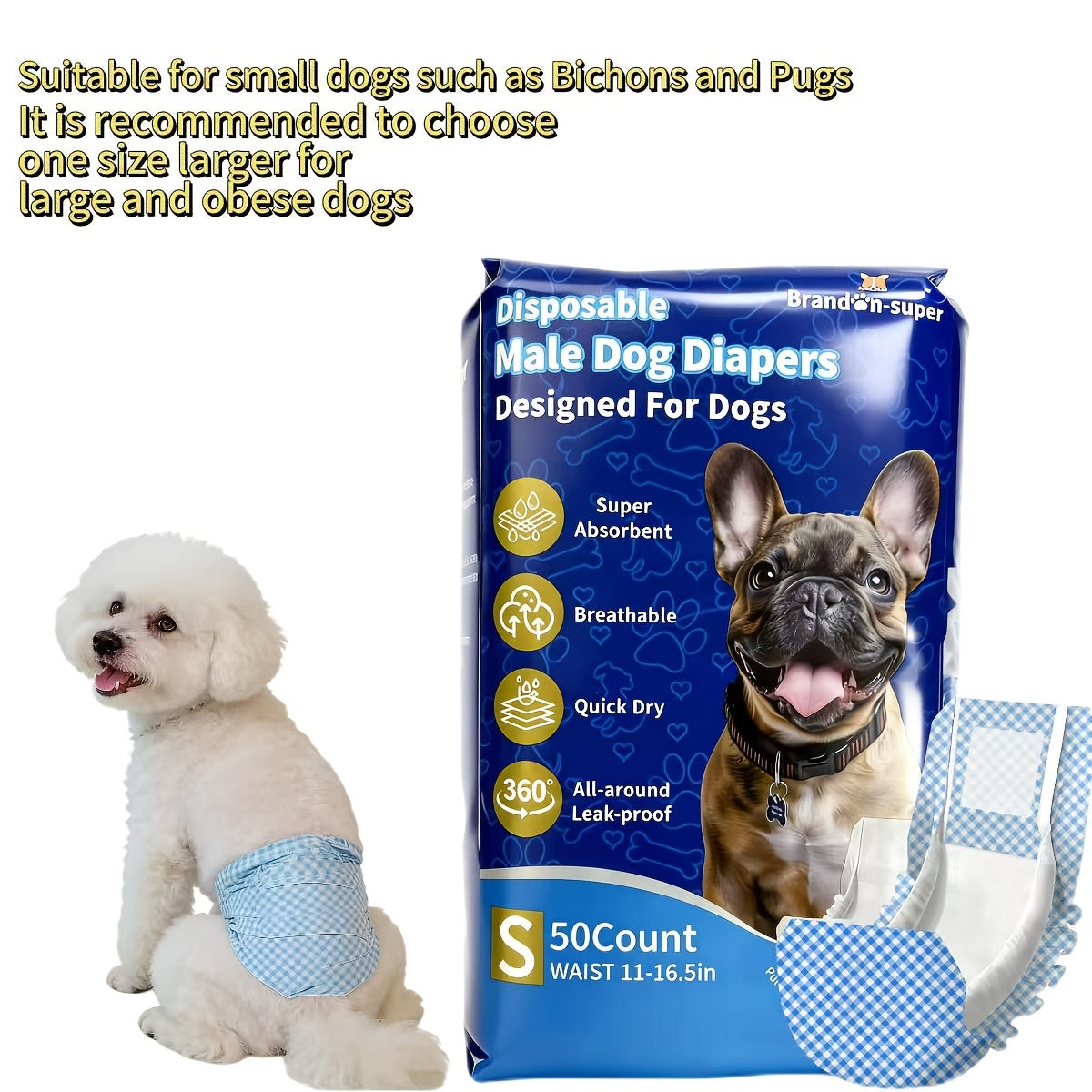 Disposable Dog Diapers 50-Pack for Male & Female Dogs – Super Absorbent Leak-Proof Pet Nappies, Comfortable Fit for Puppies, Senior Dogs
