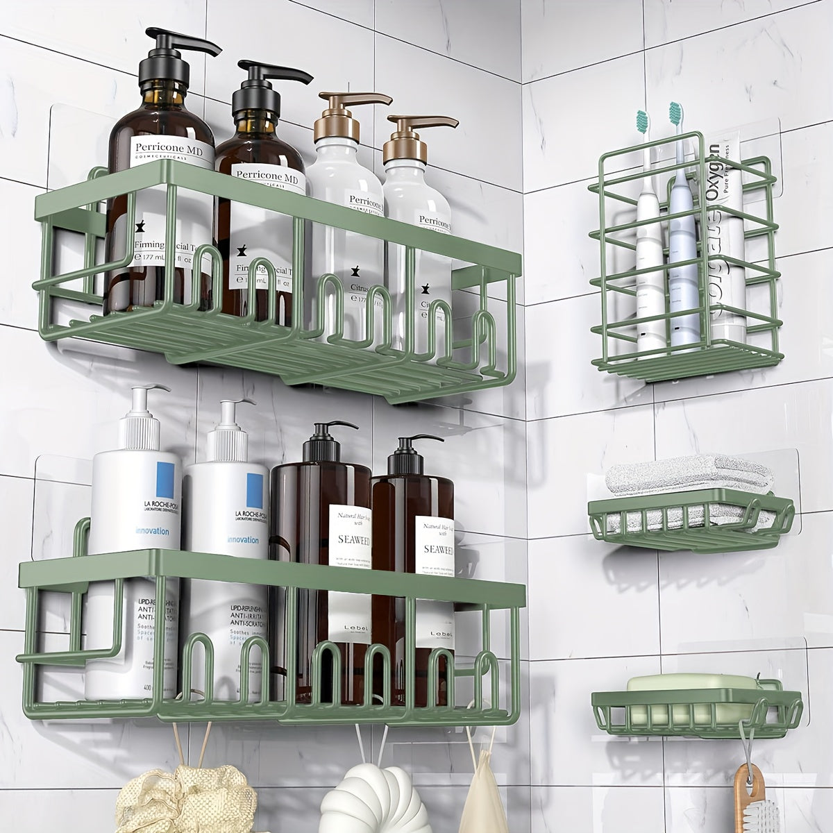 Shower Caddy Organizer 5 Pack Adhesive Rustproof Stainless Steel Shower Shelves with Soap Holder No Drilling Bathroom Storage Rack