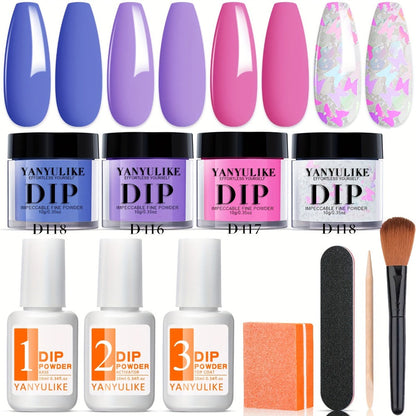 Dip Powder Nail Kit with YANYILIKE Label, Blue Lilac Pink Butterfly Glitter Powders and Three 10ml Liquids