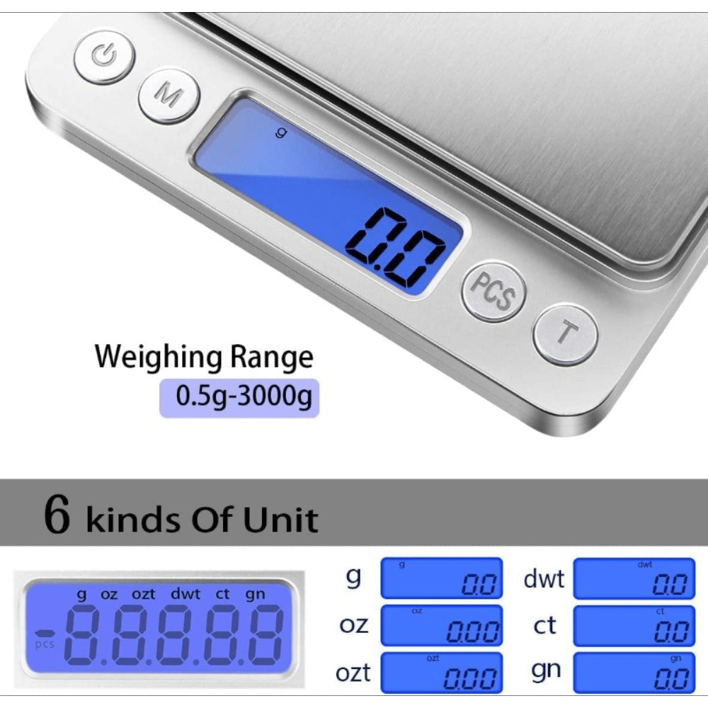 Digital Kitchen Scale Pocket Food Scale 3000g x 0.1g Accuracy, 6 Unit Modes LCD Display Tare Function