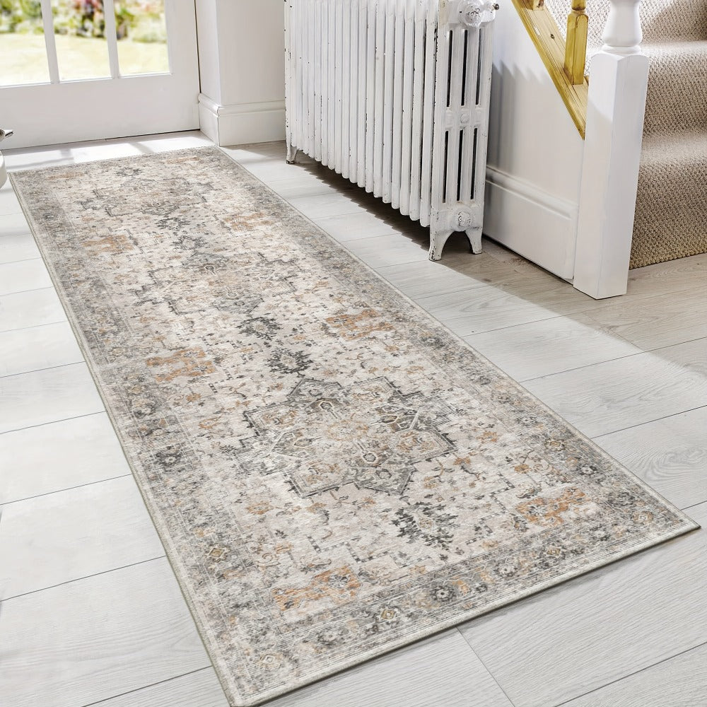 Runner Rug Machine Washable Non-Slip Vintage Hallway Area Rug Low Pile Lightweight Boho Floral for Entryway Kitchen Corridor Light Taupe