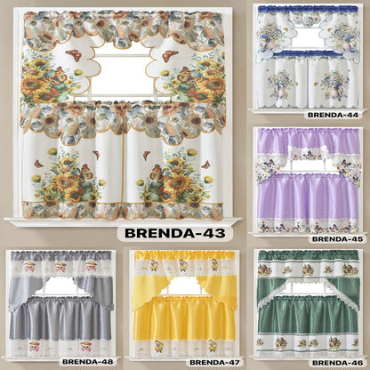 Kitchen Curtains 3 Piece Set Embroidered Satin Valance and Tiers – Rod Pocket Light Filtering Machine Washable 46 Colors