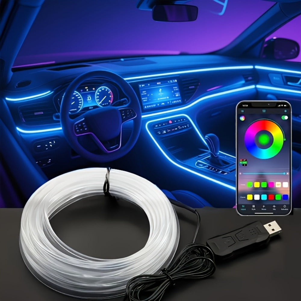 Car Interior Ambient Light Strip with 3 m / 118-Inch Label, Seven Pictured Colors, App Control and USB Plug