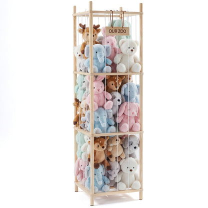 Four-Tier Stuffed Animal Storage Organizer with Rectangular Open Frame in Natural, White or Pink