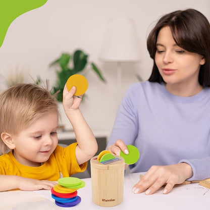 Wooden Color Sorting Coin Box Toy for Toddlers 1+, Montessori Educational Sensory Learning Toy with 10 Colorful Blocks & Storage Bag