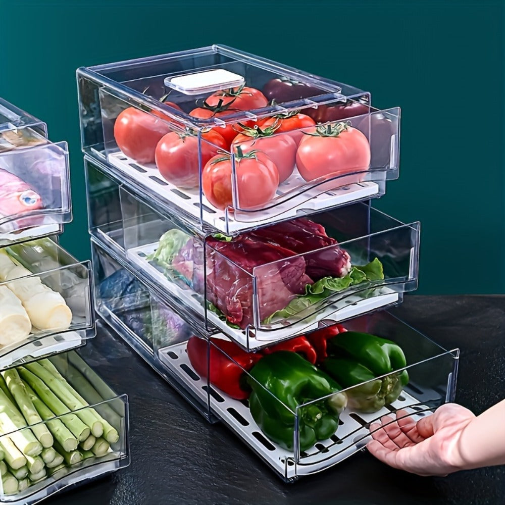 Stackable Fridge Organizer Bins with Drawer, Refrigerator Storage Containers with Drain Board & Ventilation