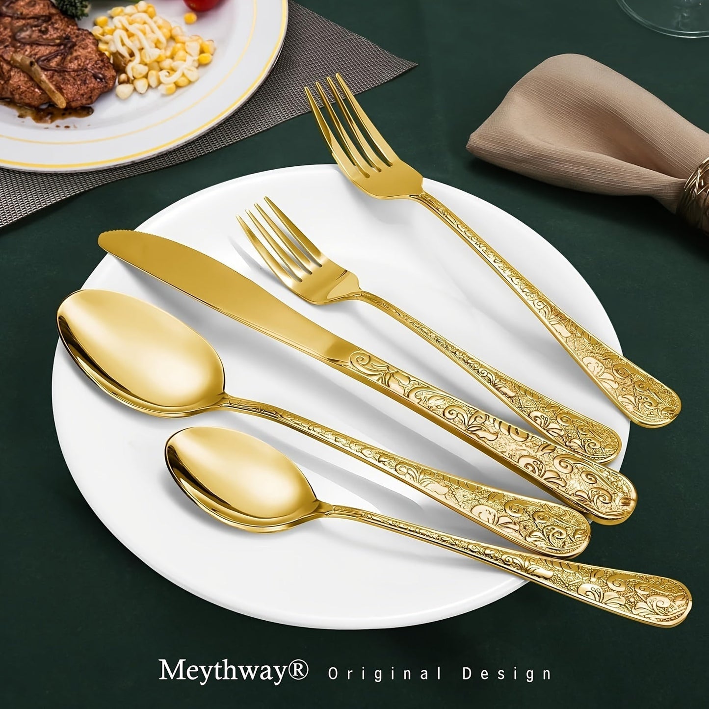 Flatware Set Stainless Steel Vintage Carved Cutlery Set Knife Fork Spoon for Family Gatherings Holiday Parties Kitchen Decor